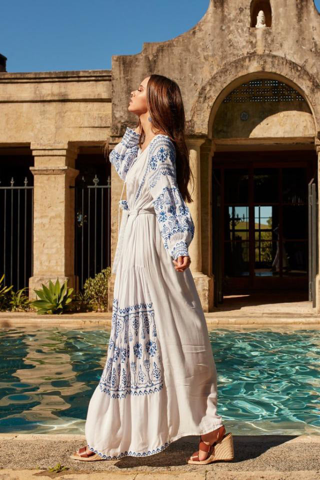 Fringe lace lantern sleeve long dress