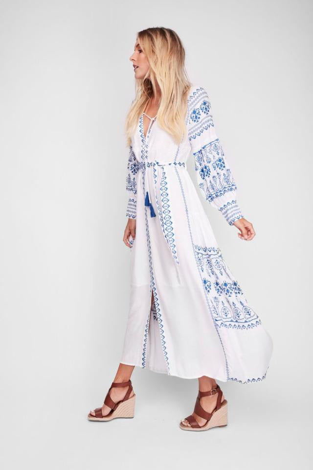 Fringe lace lantern sleeve long dress