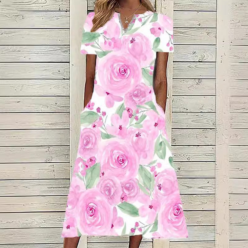 Women's Oil Painting Flower V-neck A- Line Dress