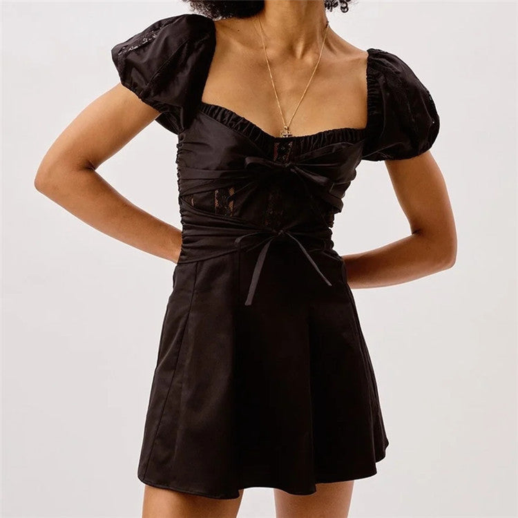 Puff Sleeve Lace Trim Bow Mini Dress