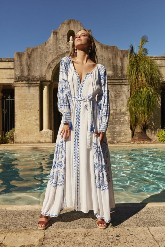 Fringe lace lantern sleeve long dress