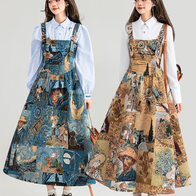 Jacquard Oil Painting Style Shoulder Strap Dress For Women