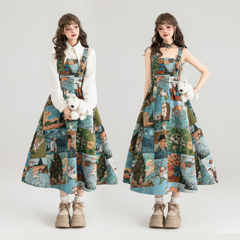 Jacquard Oil Painting Style Shoulder Strap Dress For Women