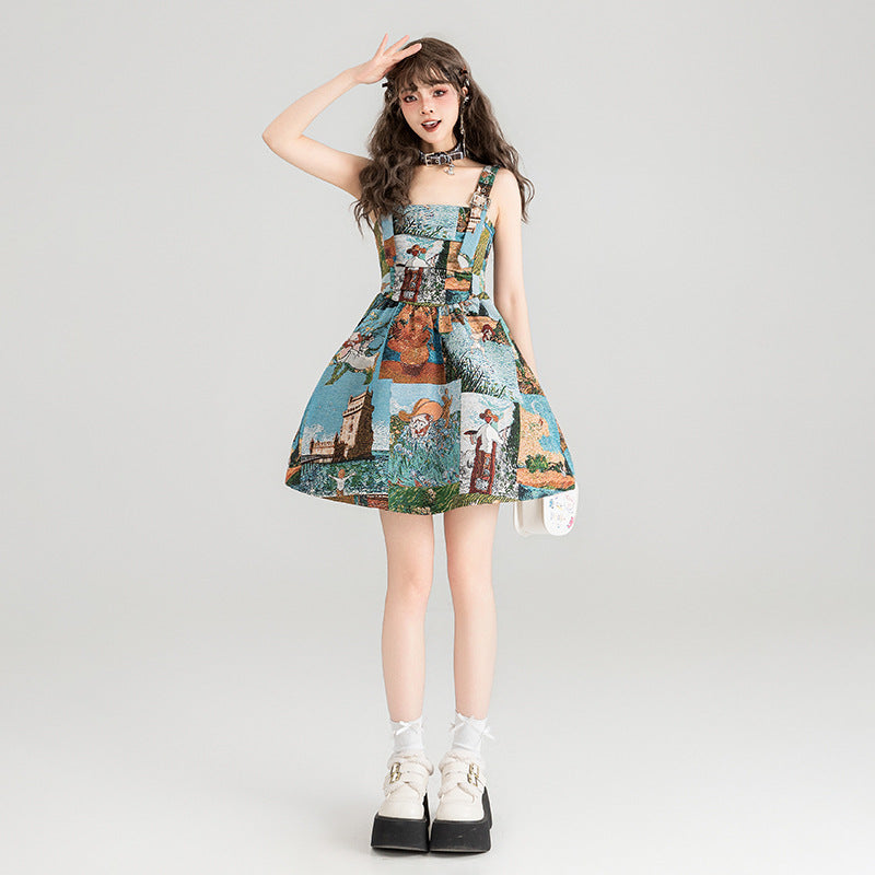 Jacquard Oil Painting Style Shoulder Strap Dress For Women