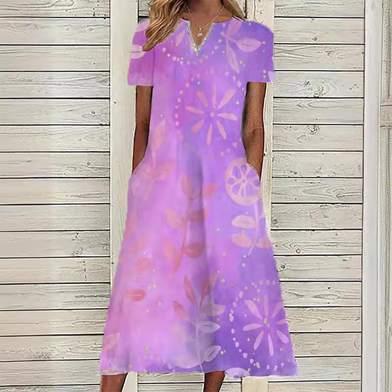 Women's Oil Painting Flower V-neck A- Line Dress