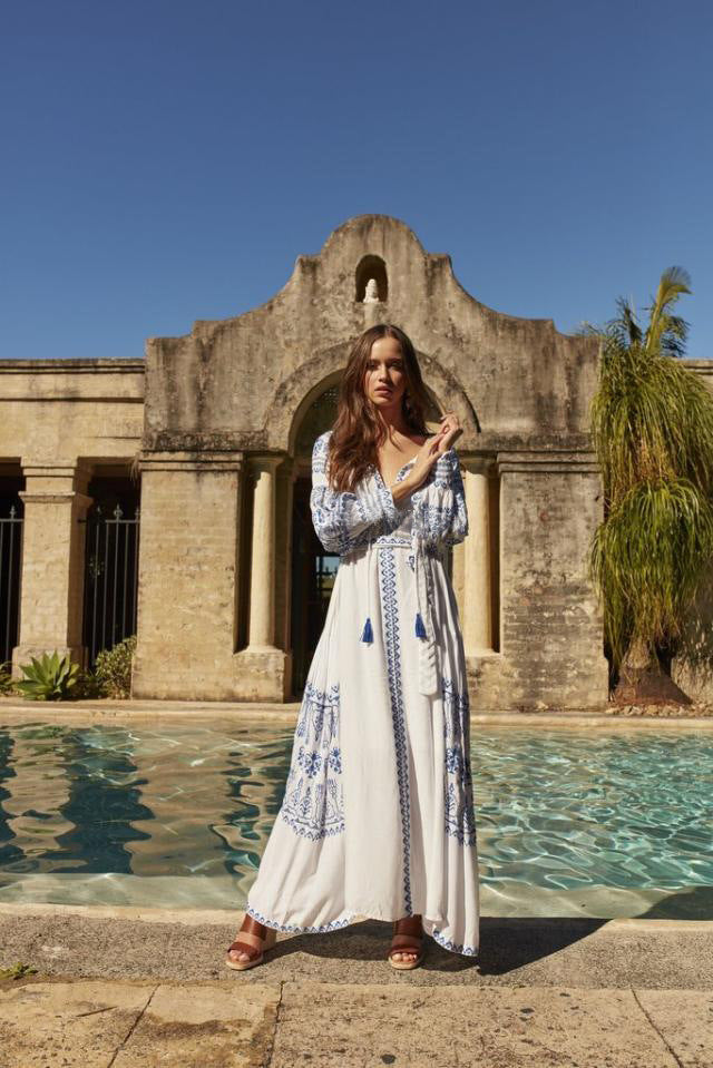 Fringe lace lantern sleeve long dress