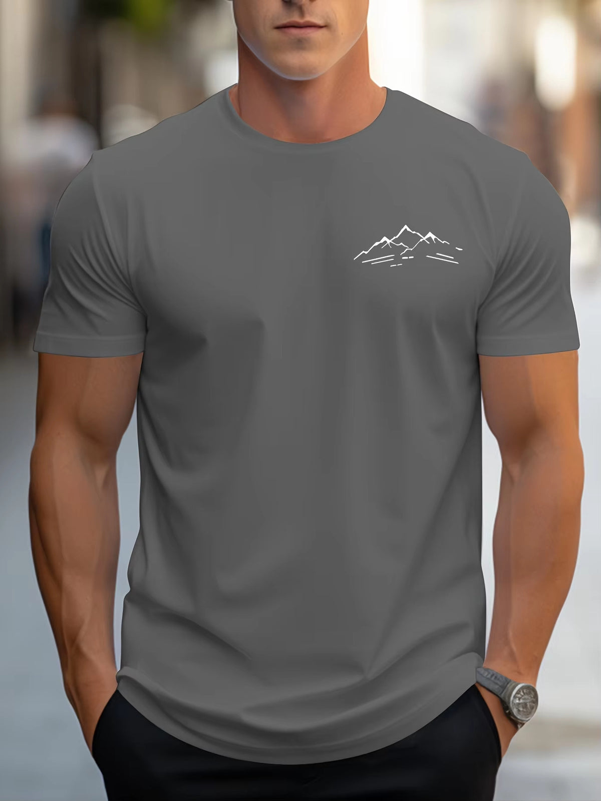Cotton Relaxed Fit Mountain Pattern Printed Crew Neck Short Sleeve T Shirt For Sports