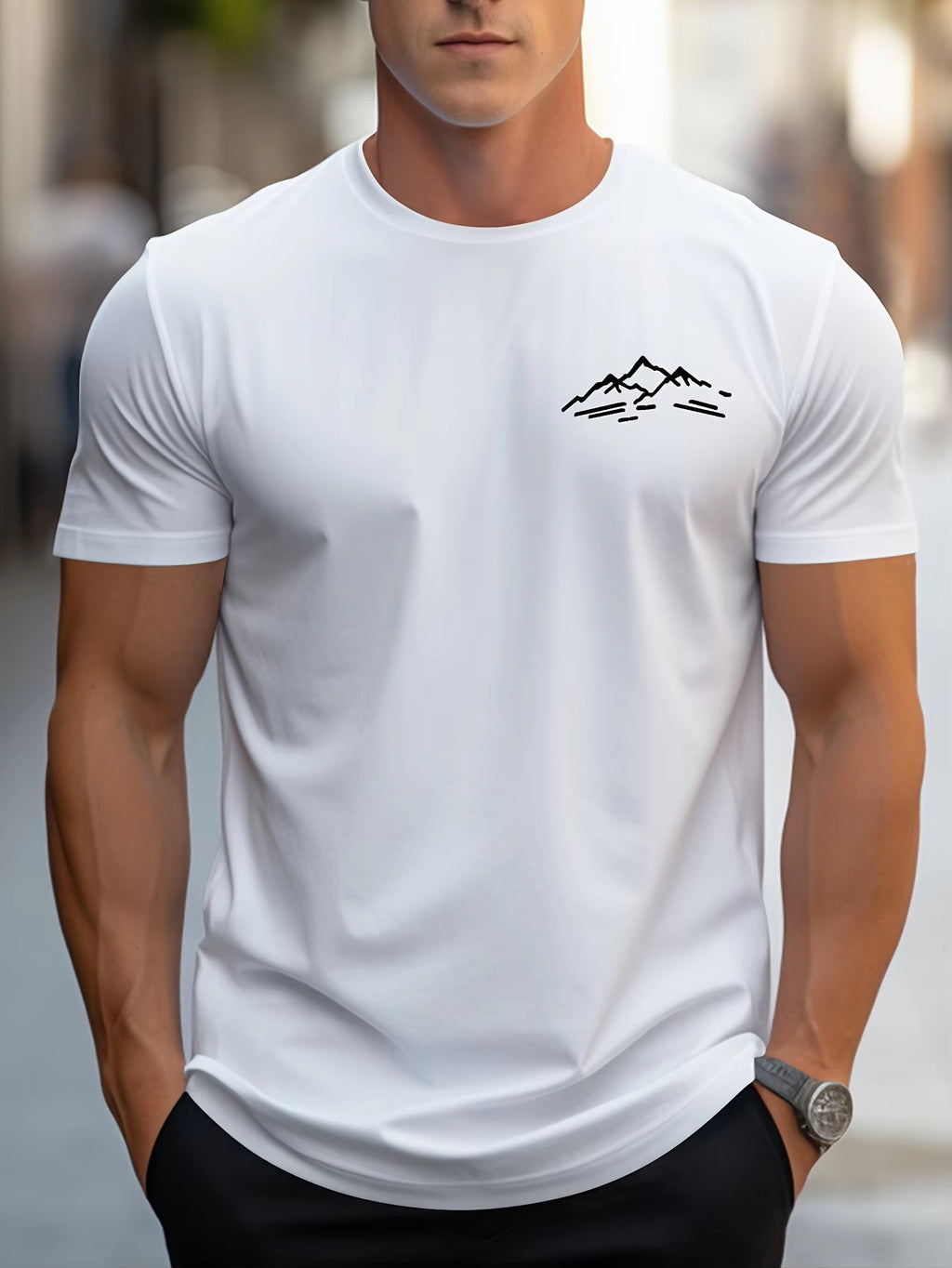Cotton Relaxed Fit Mountain Pattern Printed Crew Neck Short Sleeve T Shirt For Sports