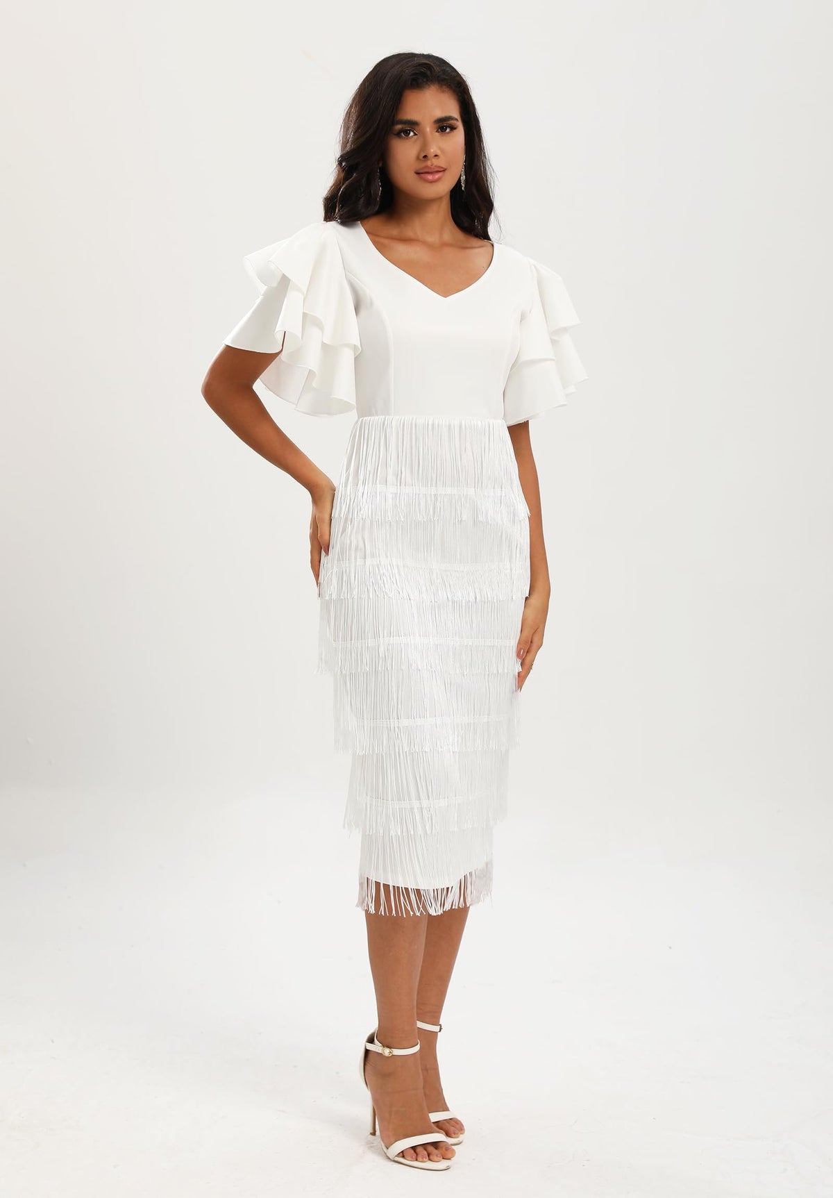VERWIN Women's Fringe Maxi Dress High Waist V Neck Tiered Tassels Ruffles Sleeve Bodycon Prom Dress M White
