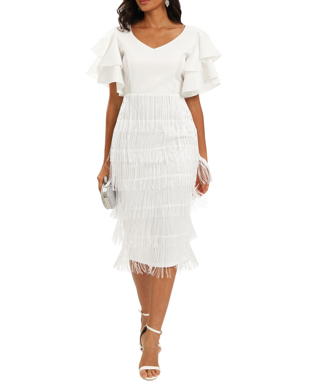 VERWIN Women's Fringe Maxi Dress High Waist V Neck Tiered Tassels Ruffles Sleeve Bodycon Prom Dress M White