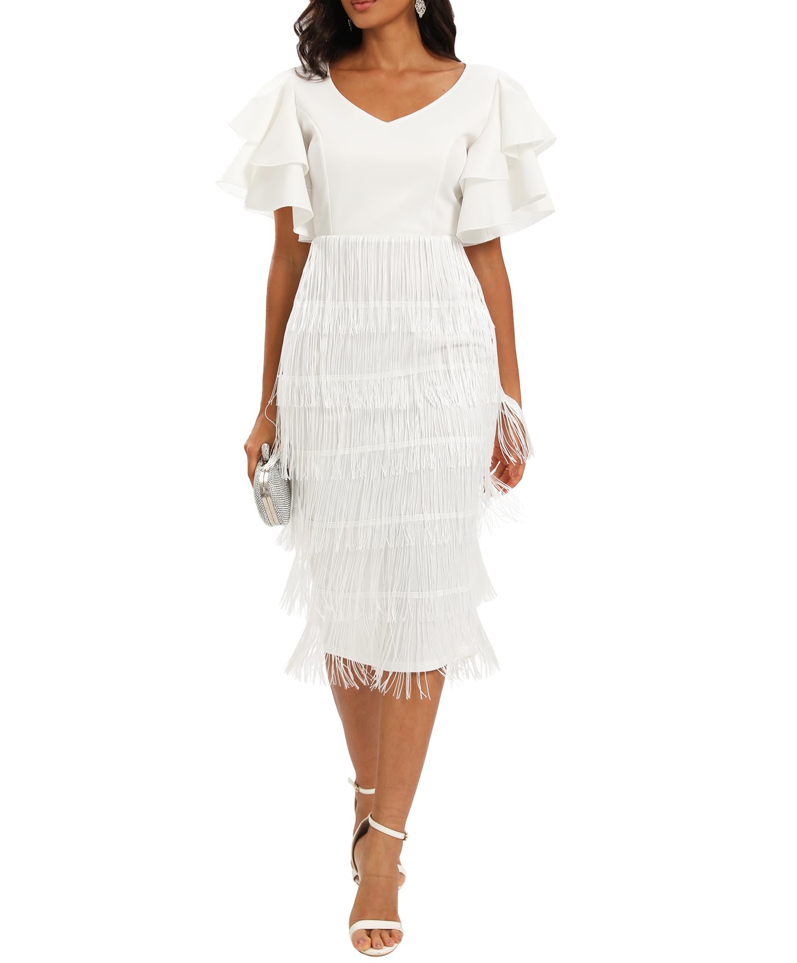 VERWIN Women's Fringe Maxi Dress High Waist V Neck Tiered Tassels Ruffles Sleeve Bodycon Prom Dress M White