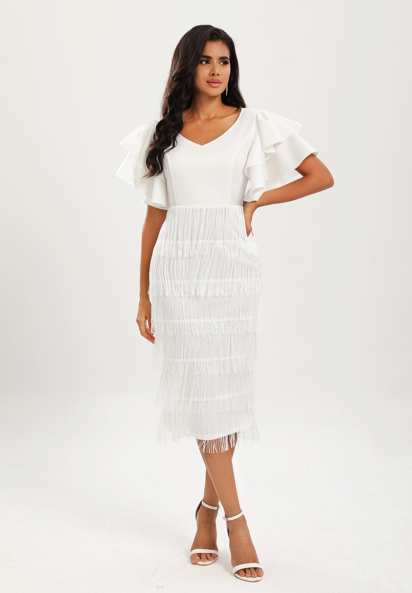 VERWIN Women's Fringe Maxi Dress High Waist V Neck Tiered Tassels Ruffles Sleeve Bodycon Prom Dress M White
