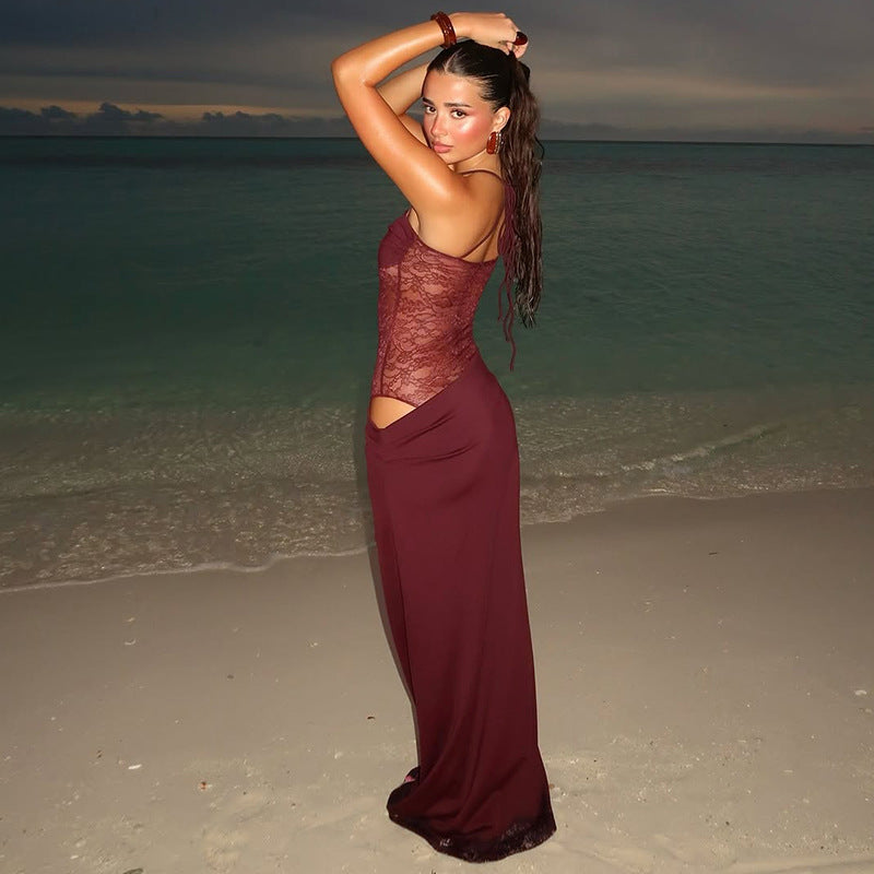Y2K Lace Suspender Dress Fashion Sexy Lace Long Dresses Party Evening Club Beach Clothing For Women