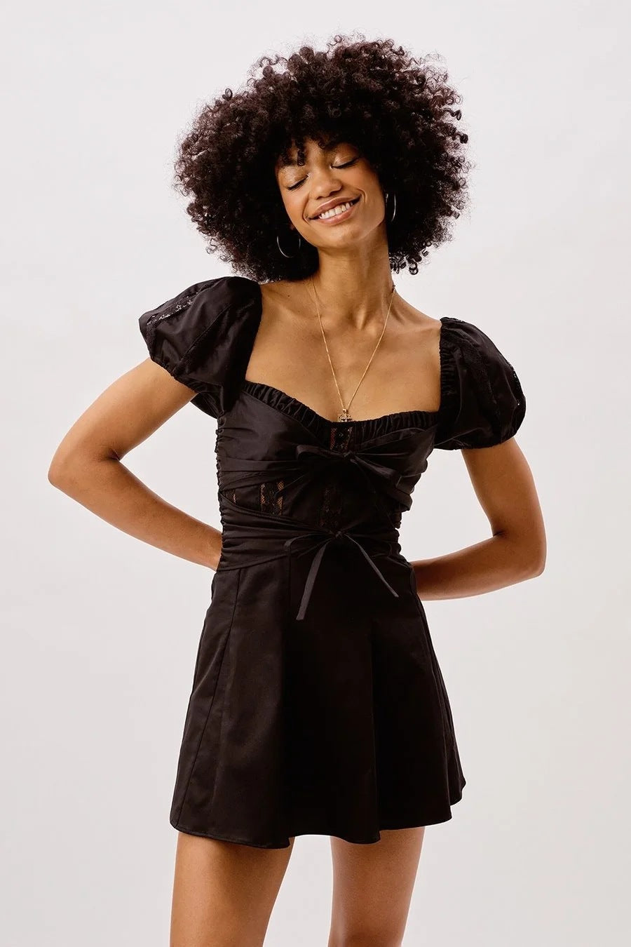 Puff Sleeve Lace Trim Bow Mini Dress