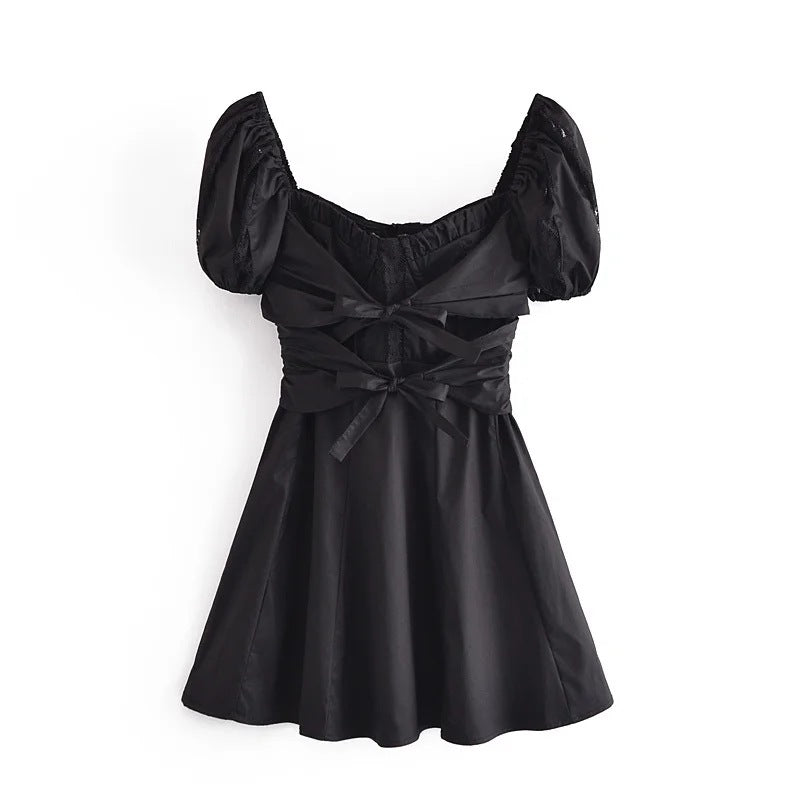 Puff Sleeve Lace Trim Bow Mini Dress