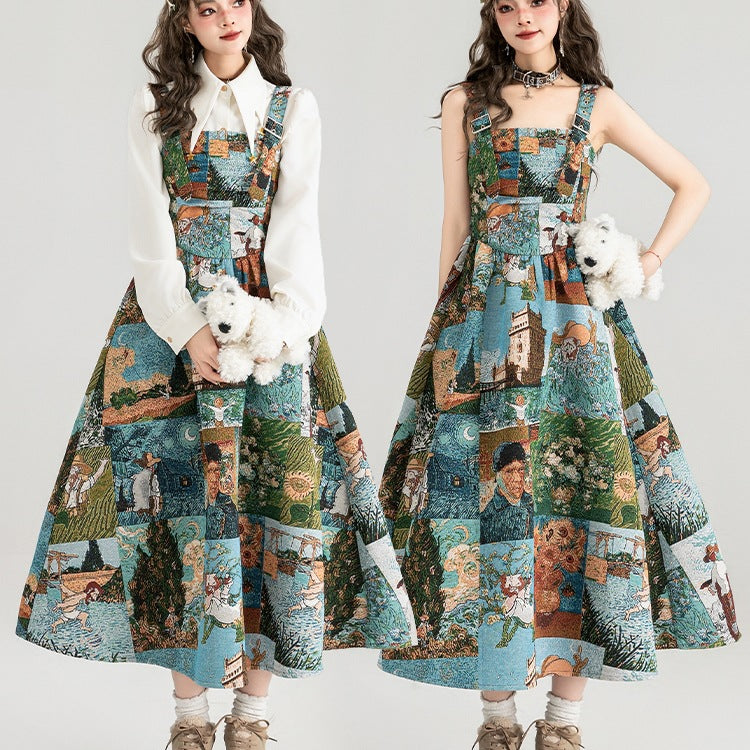 Jacquard Oil Painting Style Shoulder Strap Dress For Women