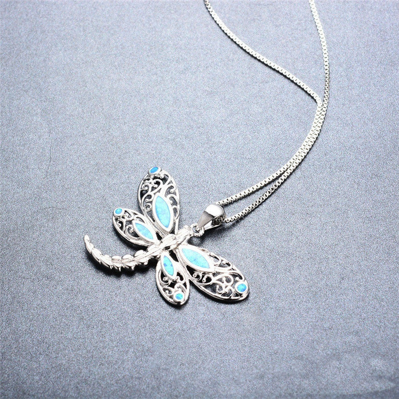 Opal-Imitation Silver Dragonfly Pendant Necklace