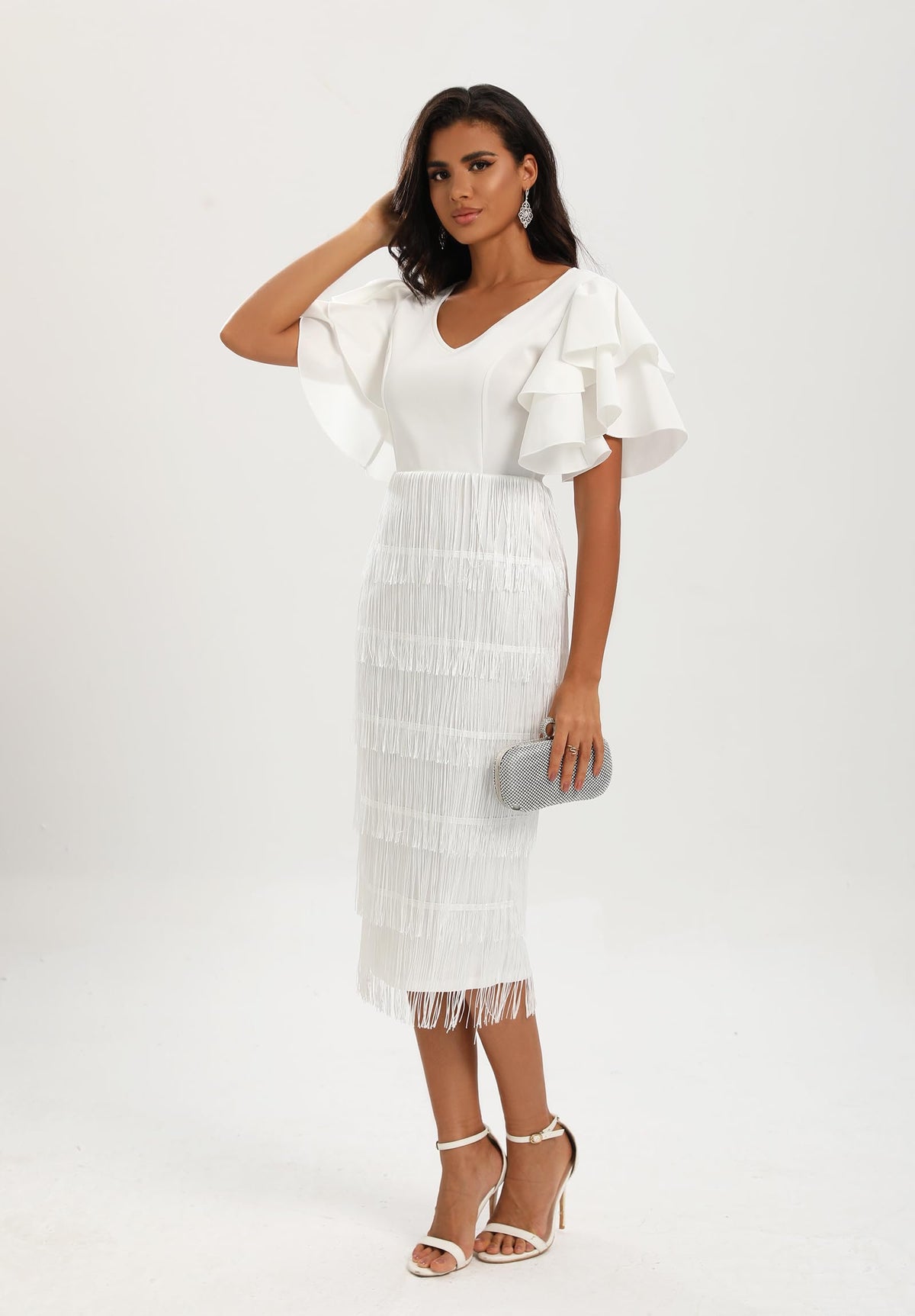VERWIN Women's Fringe Maxi Dress High Waist V Neck Tiered Tassels Ruffles Sleeve Bodycon Prom Dress M White