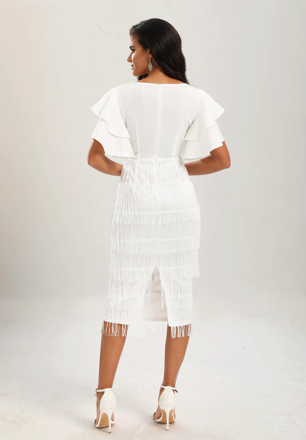 VERWIN Women's Fringe Maxi Dress High Waist V Neck Tiered Tassels Ruffles Sleeve Bodycon Prom Dress M White