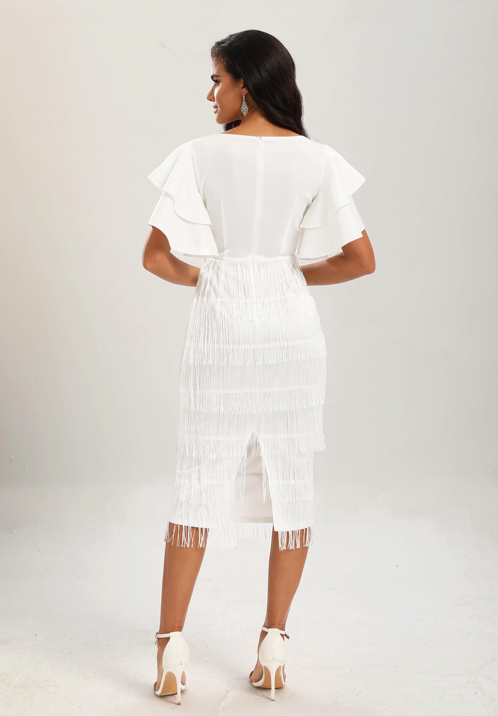 VERWIN Women's Fringe Maxi Dress High Waist V Neck Tiered Tassels Ruffles Sleeve Bodycon Prom Dress M White