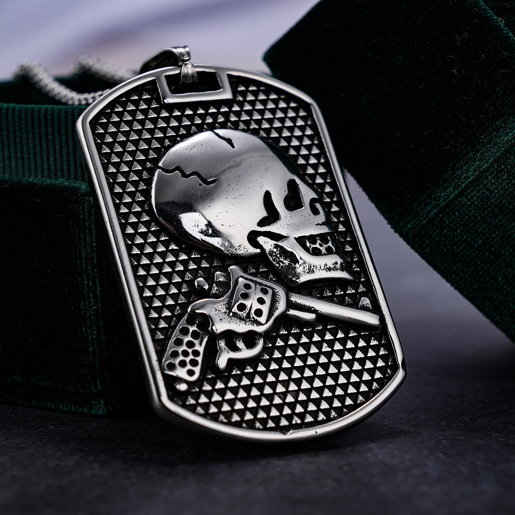 Titanium Steel Skull Pistol Military Tag Pendant