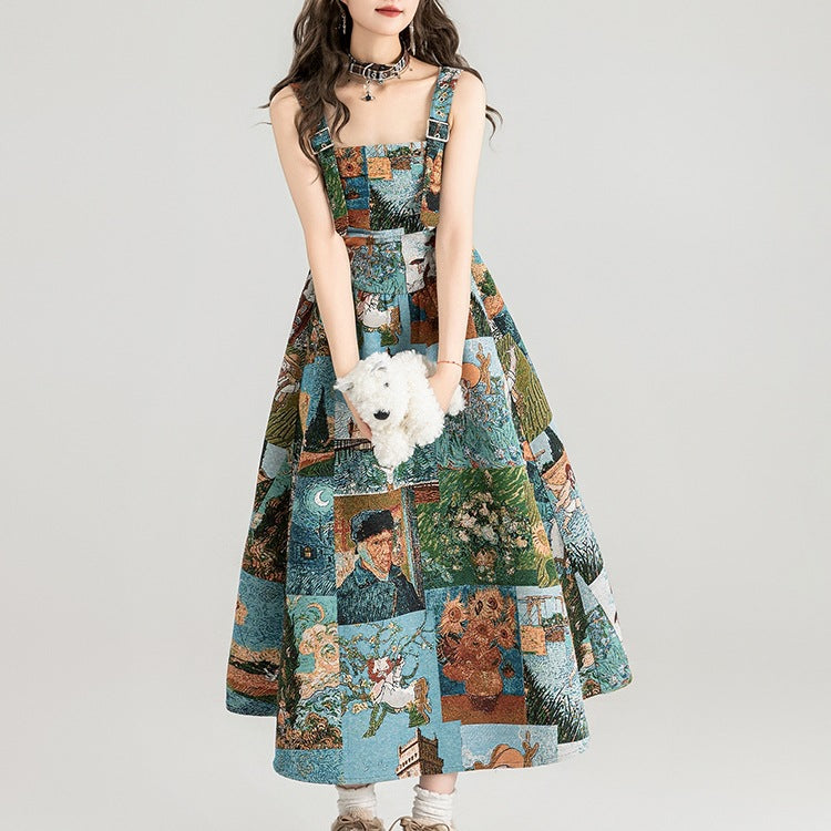 Jacquard Oil Painting Style Shoulder Strap Dress For Women
