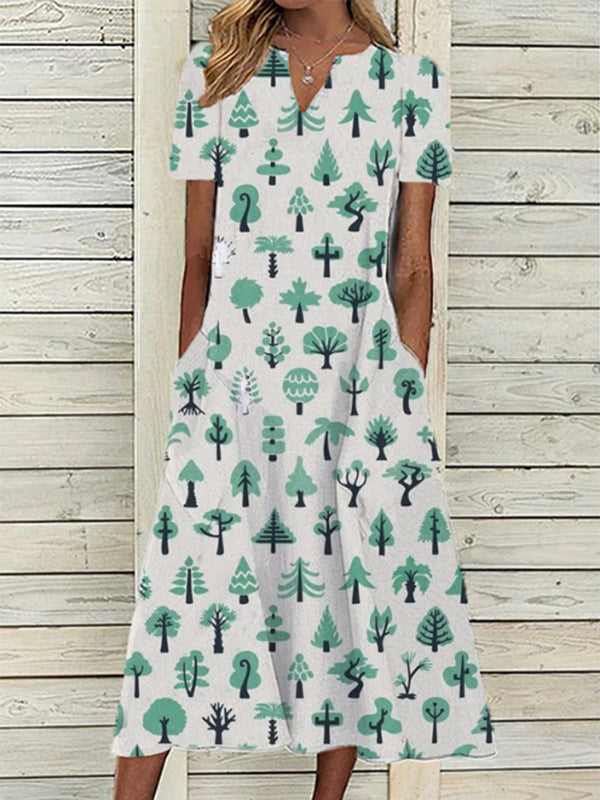 Women's Oil Painting Flower V-neck A- Line Dress