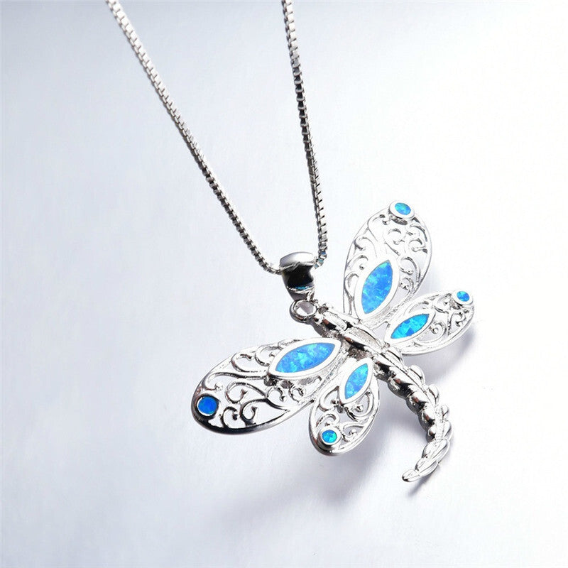 Opal-Imitation Silver Dragonfly Pendant Necklace