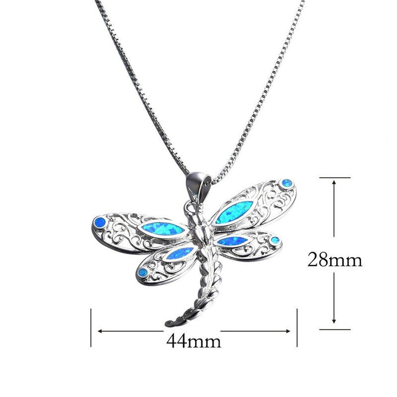 Opal-Imitation Silver Dragonfly Pendant Necklace
