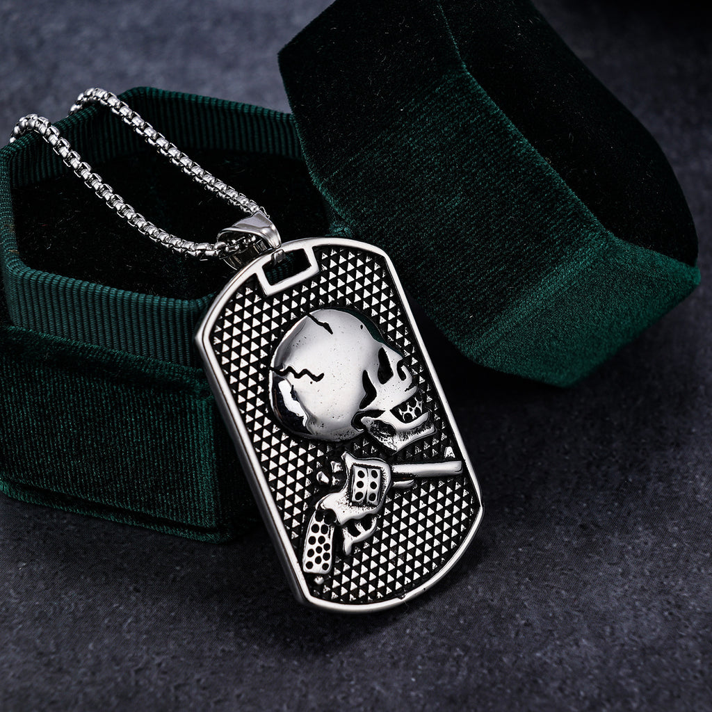Titanium Steel Skull Pistol Military Tag Pendant