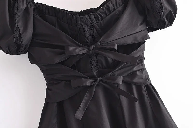 Puff Sleeve Lace Trim Bow Mini Dress
