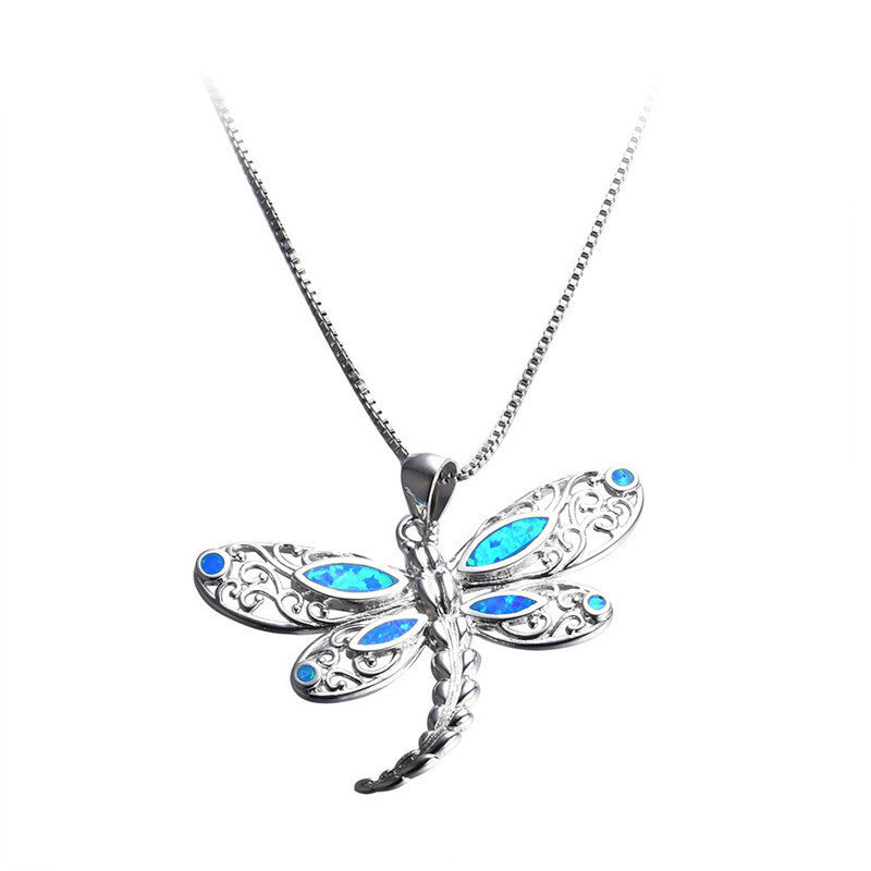 Opal-Imitation Silver Dragonfly Pendant Necklace