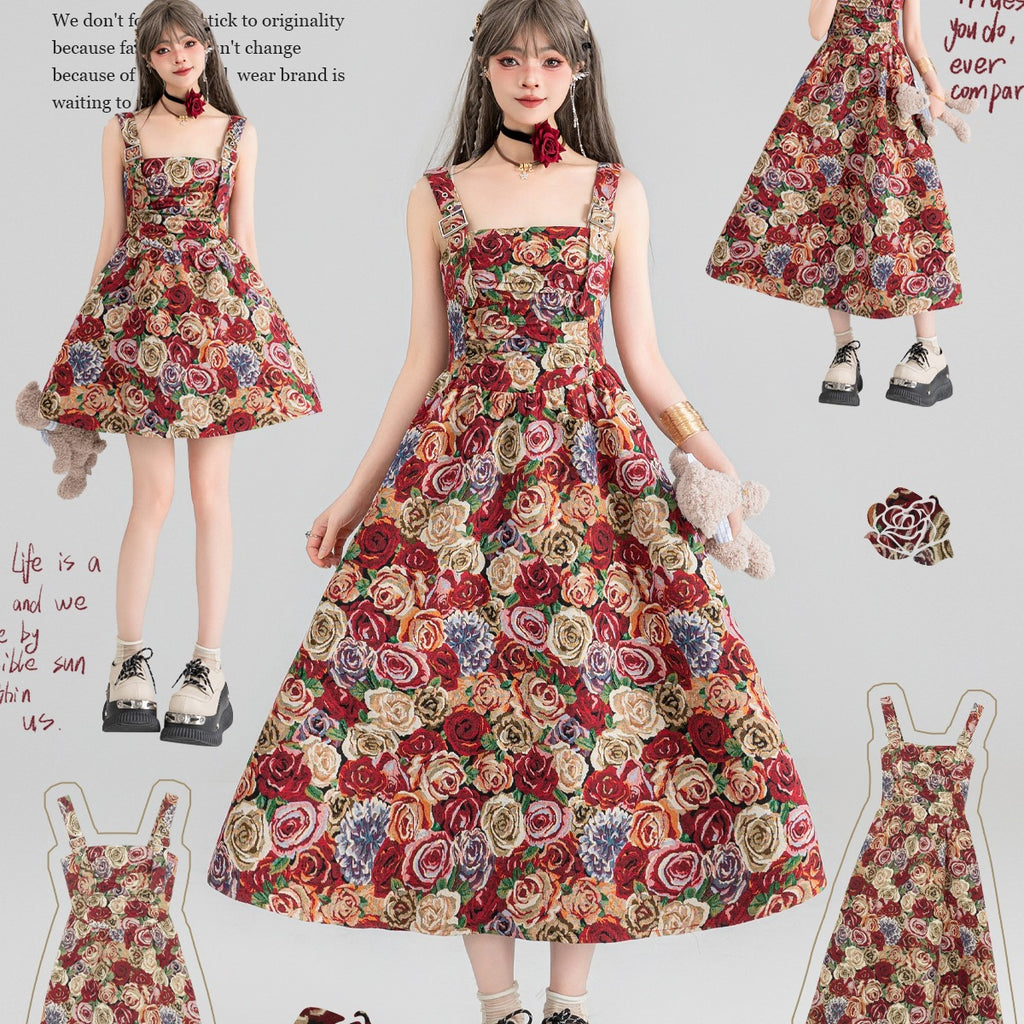 Jacquard Oil Painting Style Shoulder Strap Dress For Women