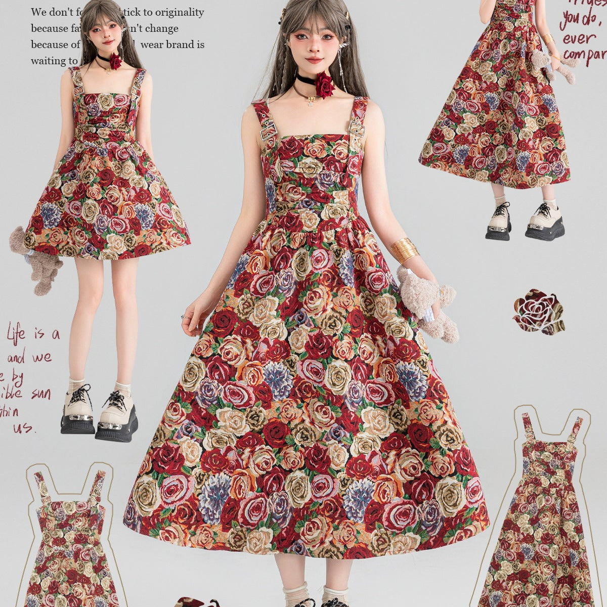 Jacquard Oil Painting Style Shoulder Strap Dress For Women