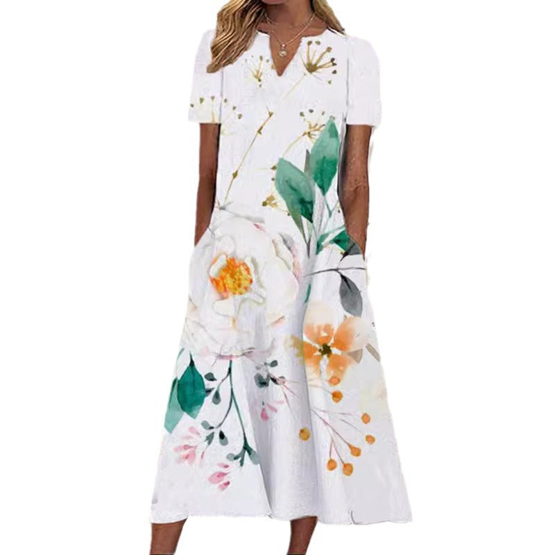 Women's Oil Painting Flower V-neck A- Line Dress